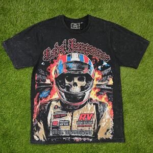 Rebel Vengeance Skull Racing Helmet Black Crewneck Graphic Tee Men’s Sz L New
